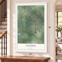 Lavonia, Georgia map, 24 x 36 inch print in a white frame by a staircase