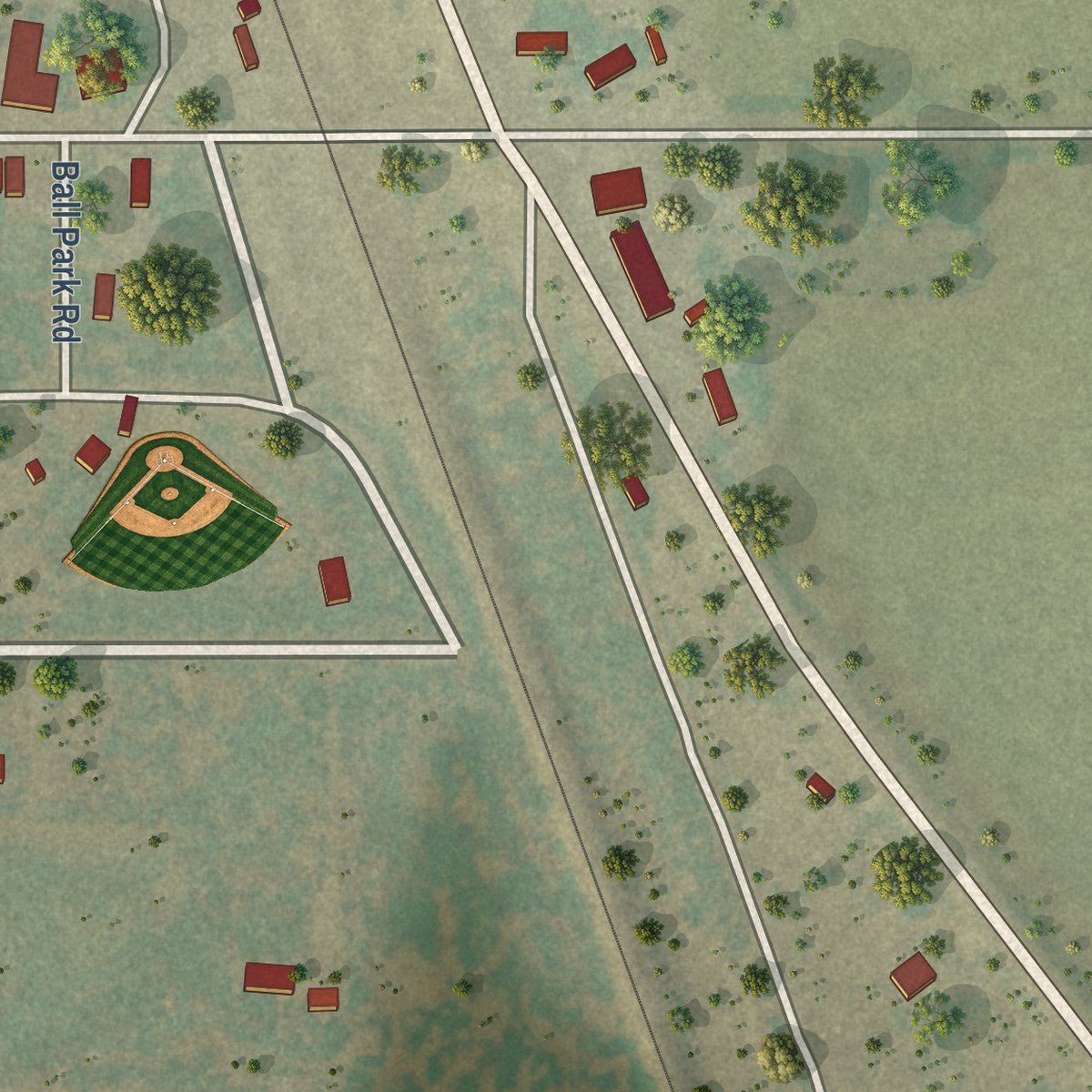 Second close-up of the map of Lawn, Texas print showing more streets and buildings