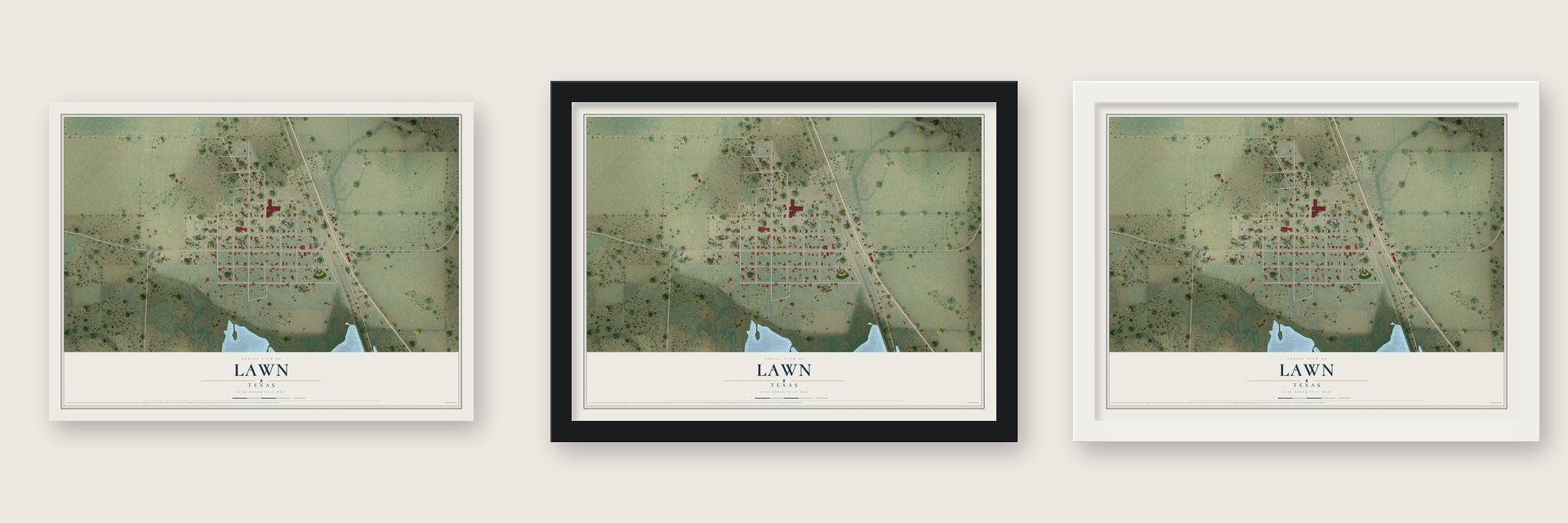 Lawn, Texas map unframed, in a black wood frame and in a white wood frame
