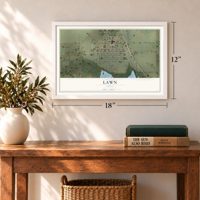 Lawn, Texas map, 12 x 18 inch print in a white frame in an entryway