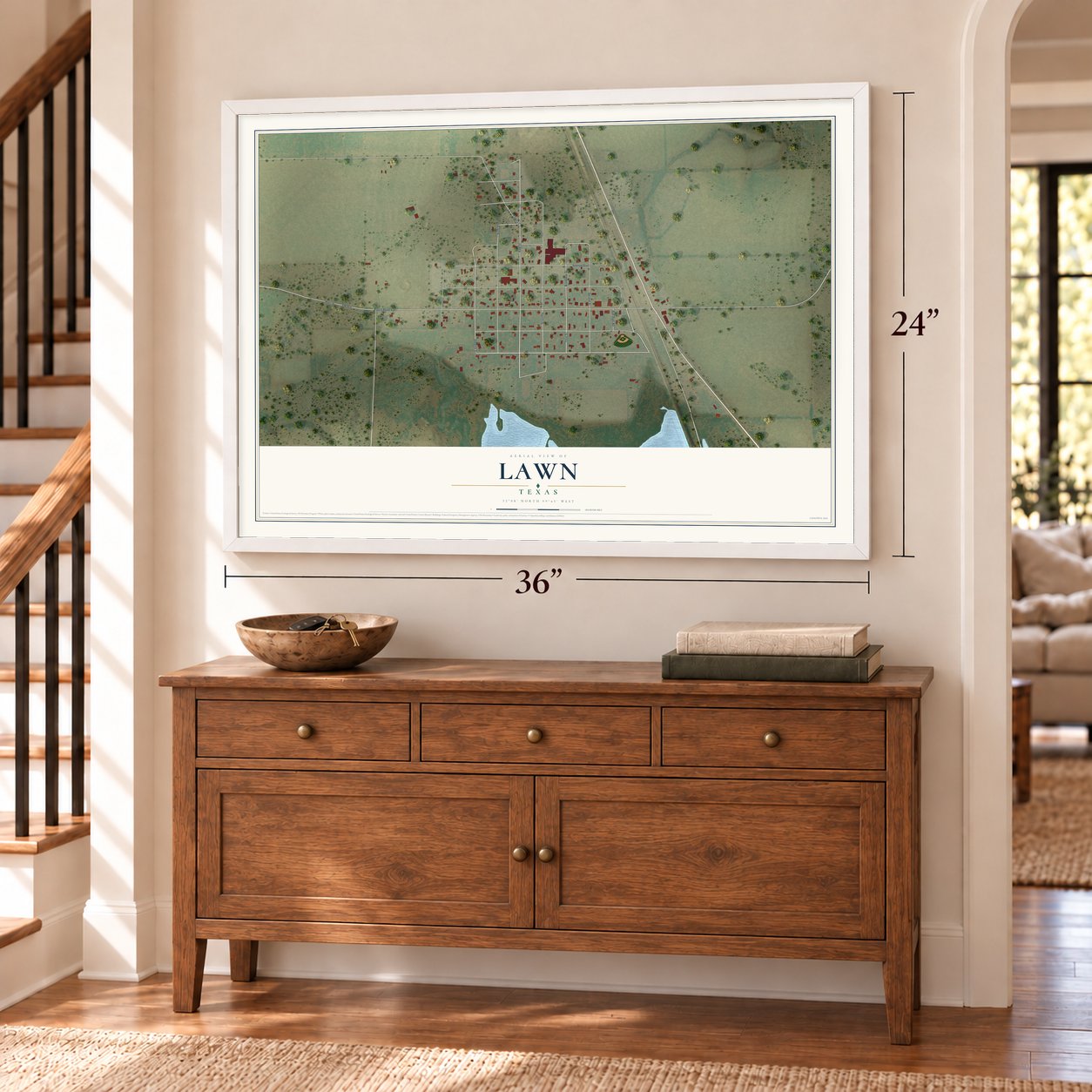 Lawn, Texas map, 24 x 36 inch print in a white frame above a dresser by a staircase