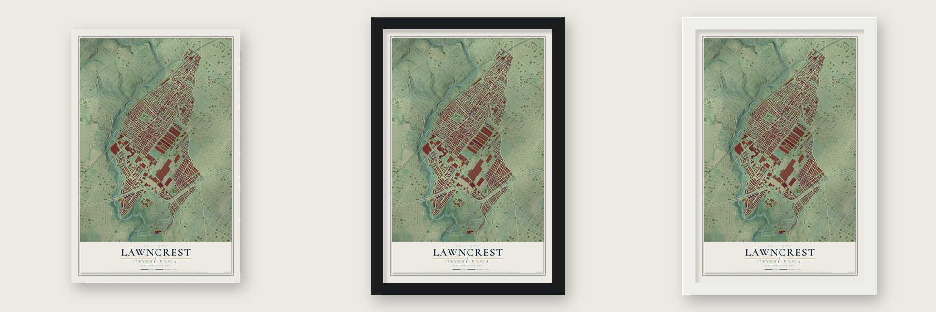 Lawncrest, Pennsylvania map unframed, in a black wood frame and in a white wood frame