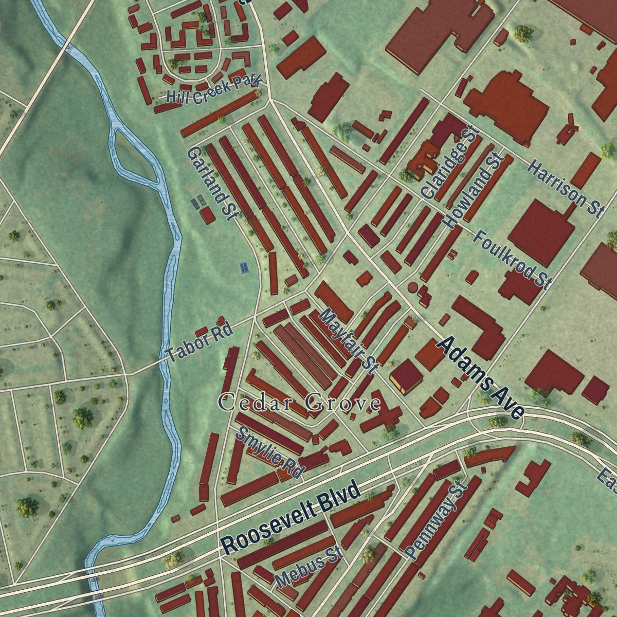 Second close-up of the map of Lawncrest, Pennsylvania print showing more streets and buildings