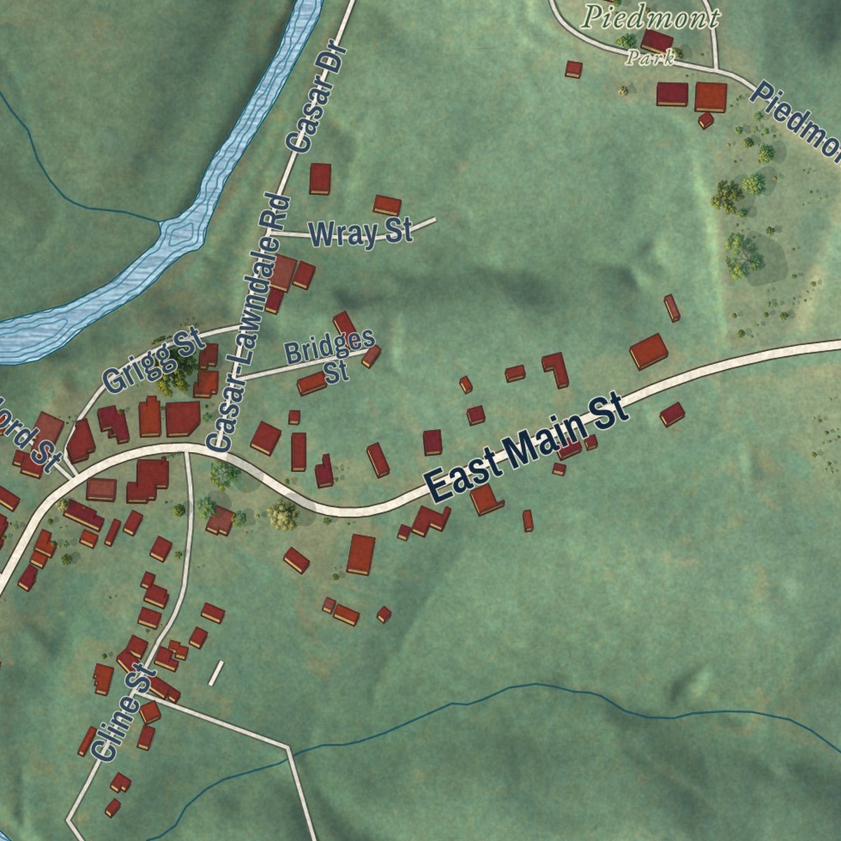 Second close-up of the map of Lawndale, North Carolina print showing more streets and buildings