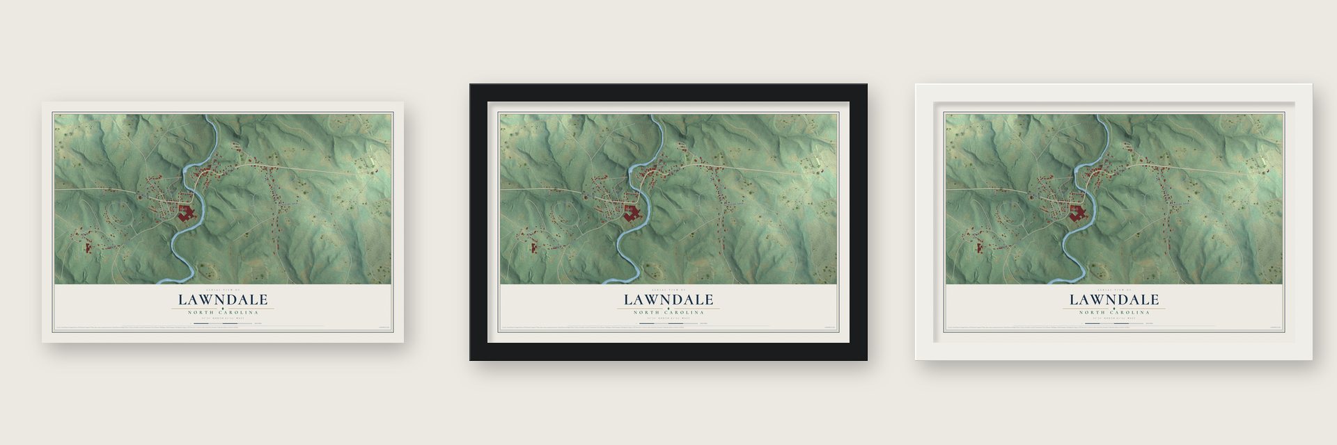 Lawndale, North Carolina map unframed, in a black wood frame and in a white wood frame