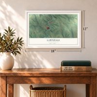 Lawndale, North Carolina map, 12 x 18 inch print in a white frame in an entryway