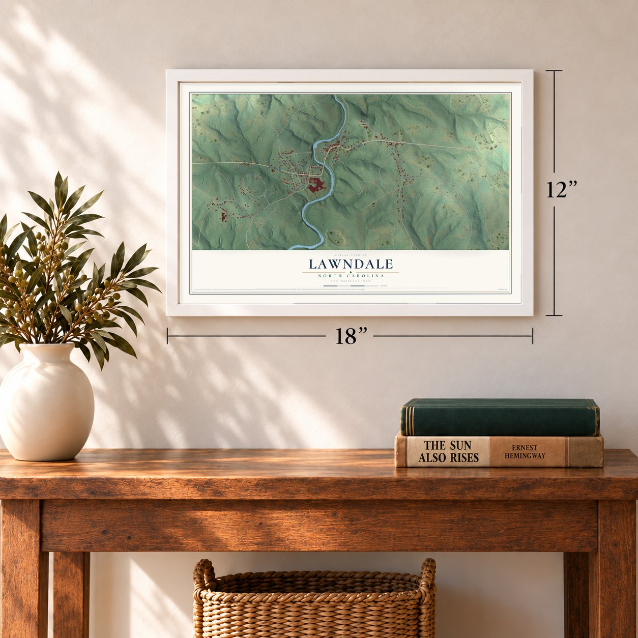Lawndale, North Carolina map, 12 x 18 inch print in a white frame in an entryway