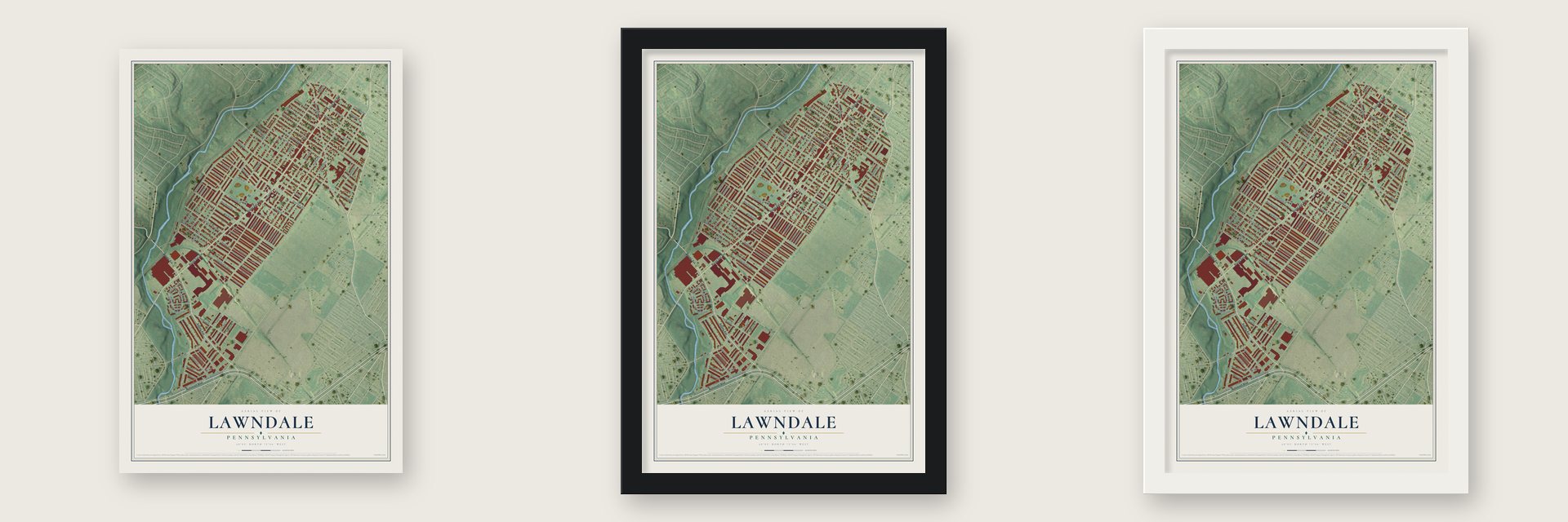Lawndale, Pennsylvania map unframed, in a black wood frame and in a white wood frame