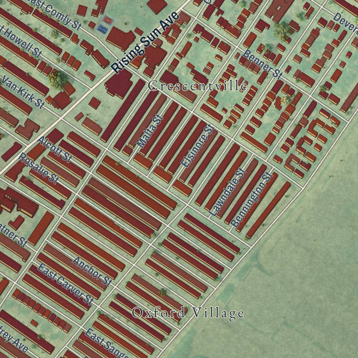 Second close-up of the map of Lawndale, Pennsylvania print showing more streets and buildings