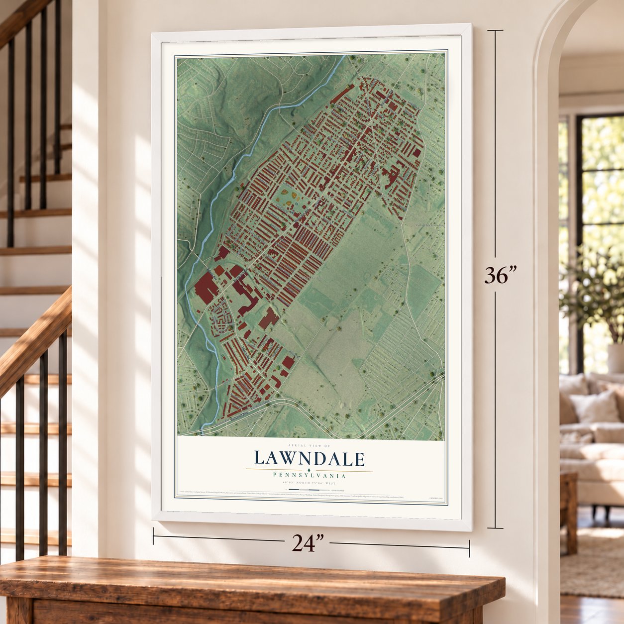 Lawndale, Pennsylvania map, 24 x 36 inch print in a white frame by a staircase