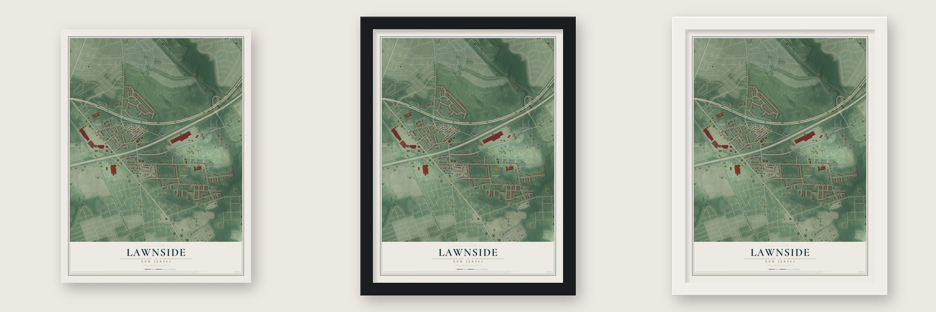 Lawnside, New Jersey map unframed, in a black wood frame and in a white wood frame