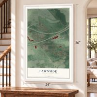 Lawnside, New Jersey map, 24 x 36 inch print in a white frame by a staircase