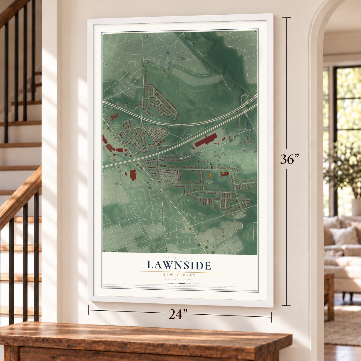 Lawnside, New Jersey map, 24 x 36 inch print in a white frame by a staircase