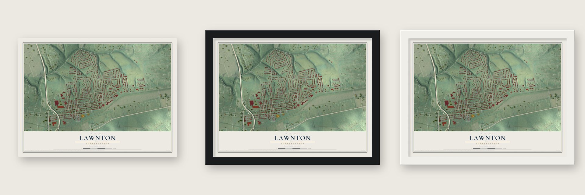 Lawnton, Pennsylvania map unframed, in a black wood frame and in a white wood frame