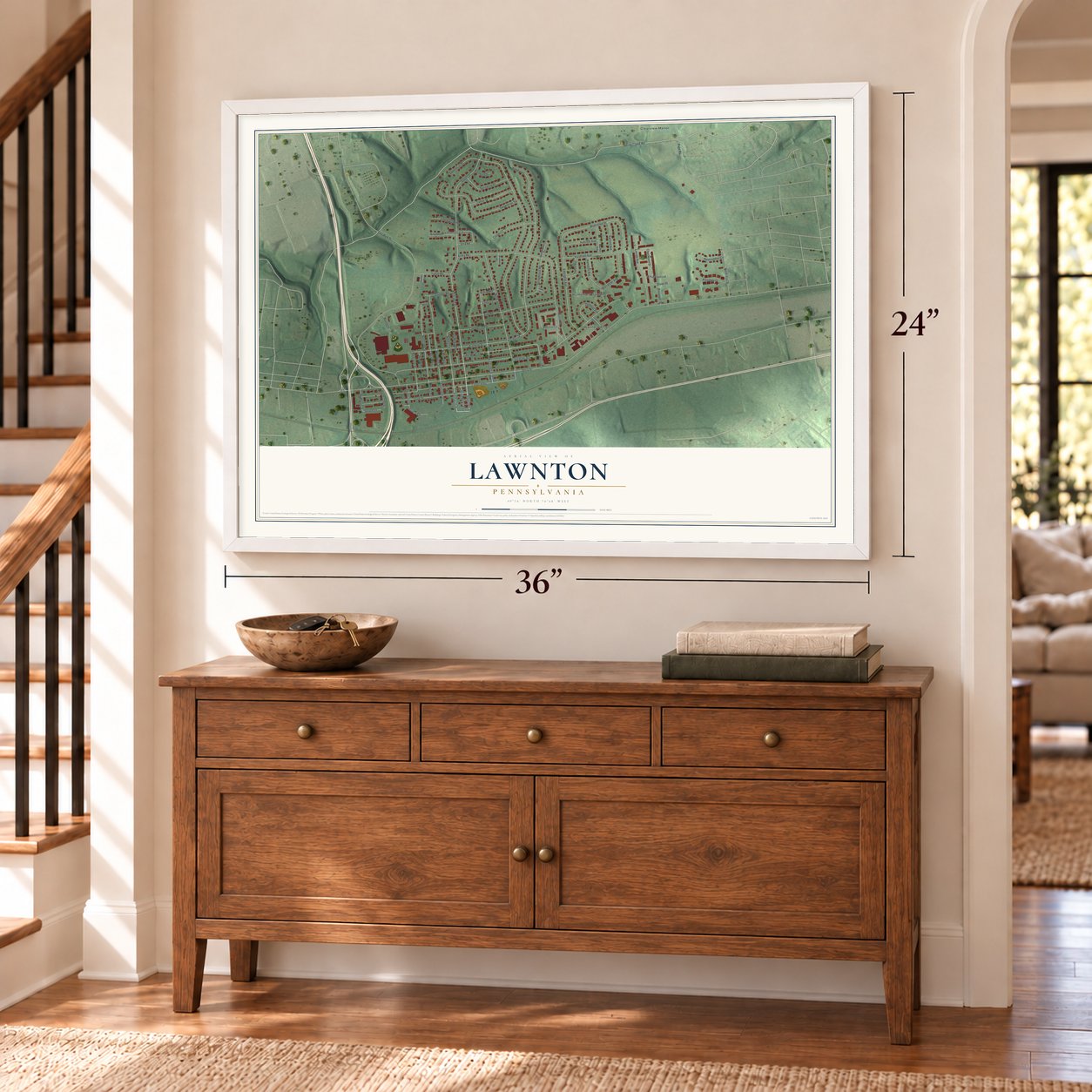 Lawnton, Pennsylvania map, 24 x 36 inch print in a white frame above a dresser by a staircase