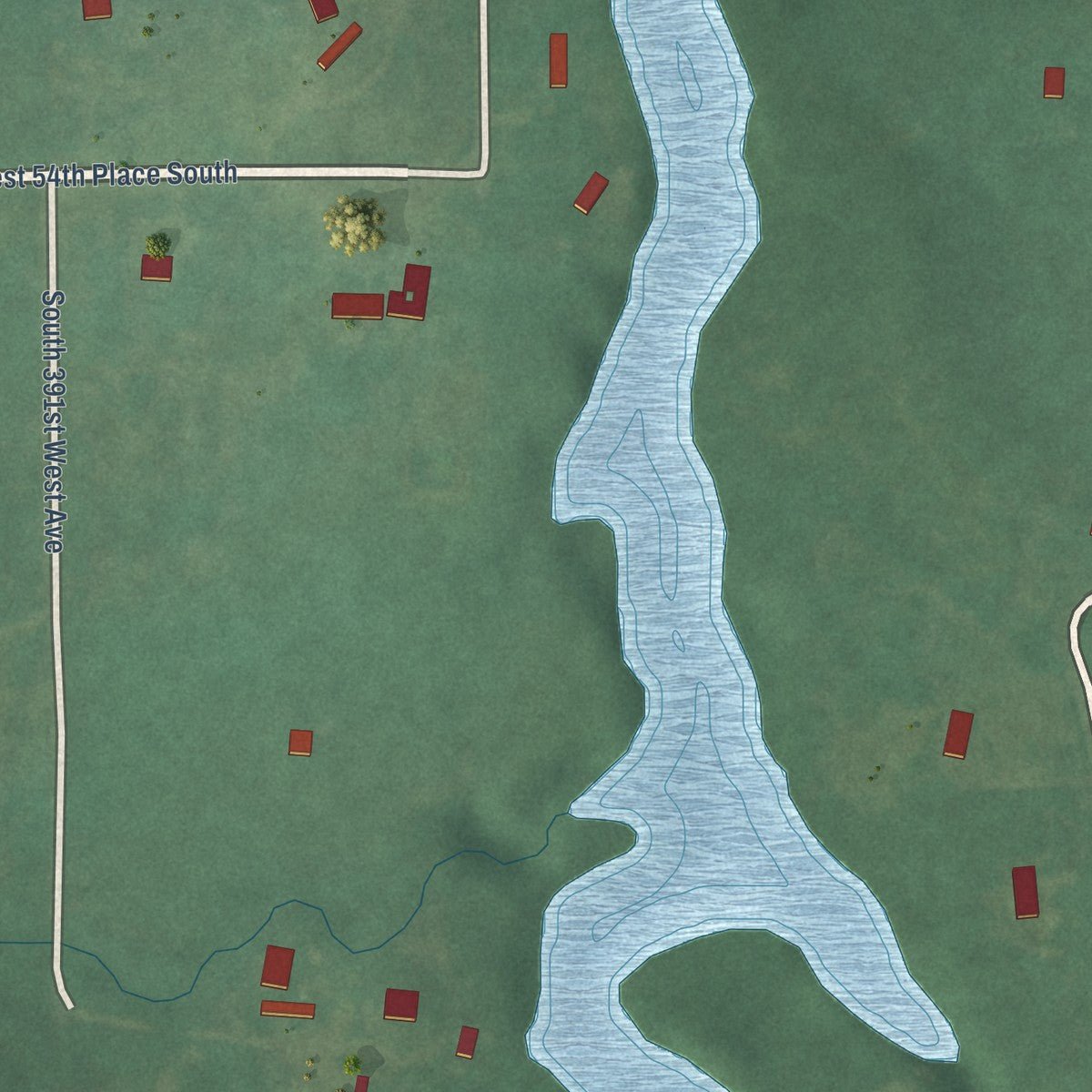 Second close-up of the map of Lawrence Creek, Oklahoma print showing more streets and buildings