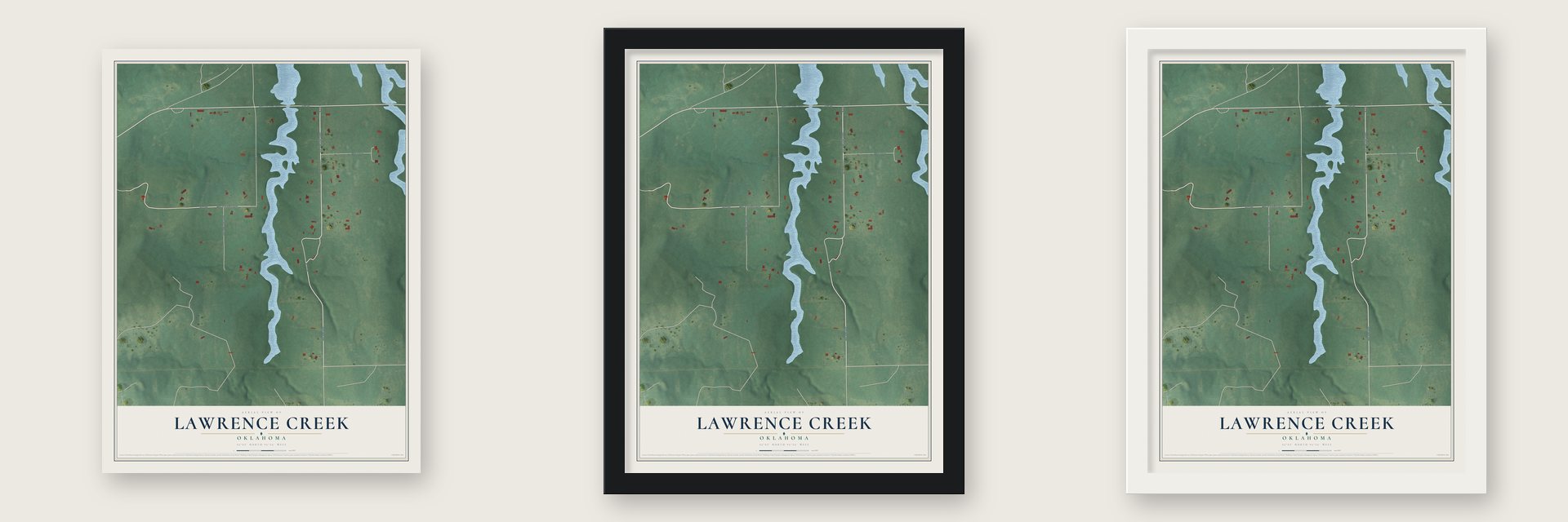 Lawrence Creek, Oklahoma map unframed, in a black wood frame and in a white wood frame