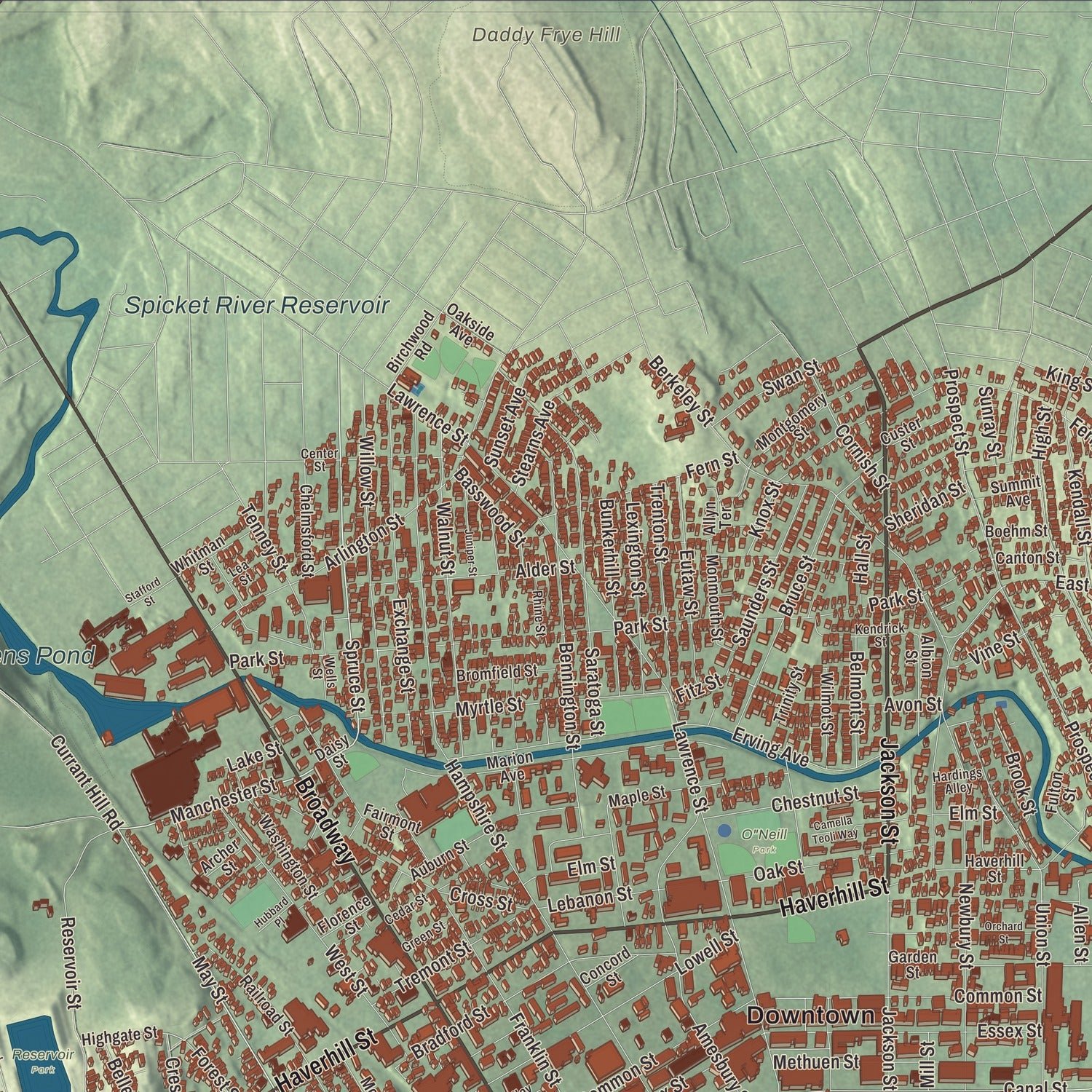 Close-up of the map of Lawrence, Massachusetts print showing terrain and local geography
