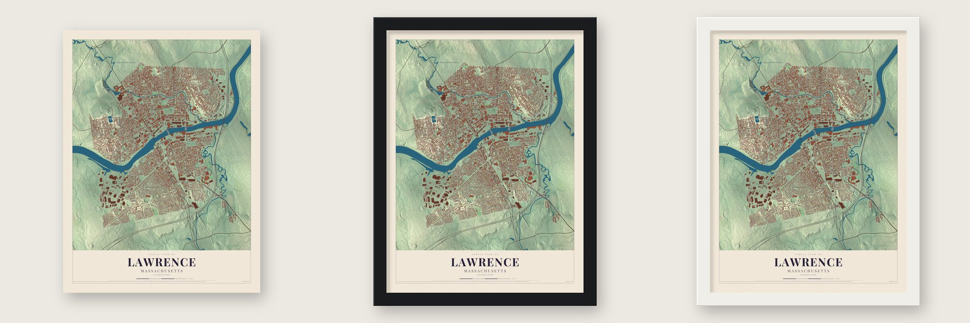 Lawrence, Massachusetts map unframed, in a black wood frame and in a white wood frame