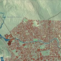 Close-up of the map of Lawrence, Massachusetts print showing terrain and local geography