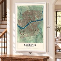 Lawrence, Massachusetts map, 24 x 36 inch print in a white frame by a staircase