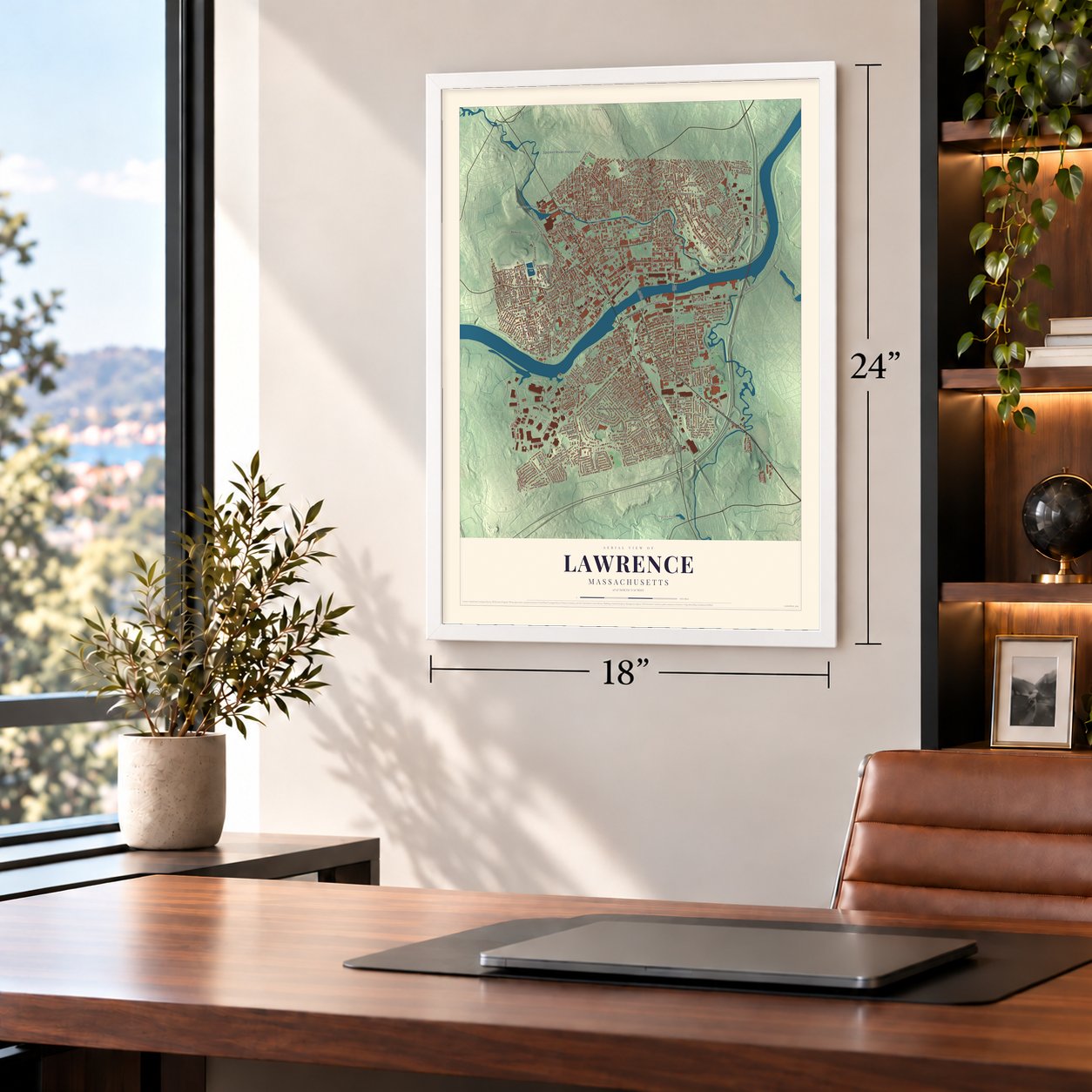 Lawrence, Massachusetts map, 18 x 24 inch print in a white frame in a home office