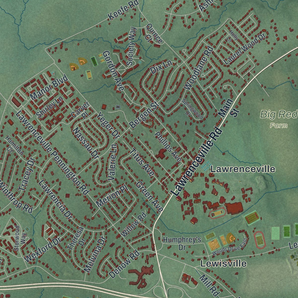 Second close-up of the map of Lawrence, Mercer County, New Jersey print showing more streets and buildings