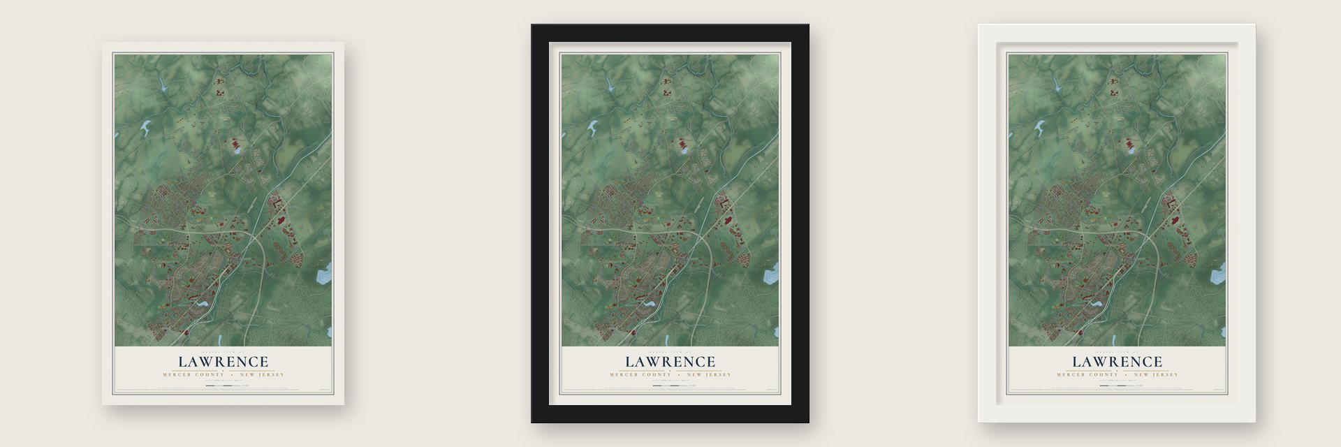 Lawrence, Mercer County, New Jersey map unframed, in a black wood frame and in a white wood frame