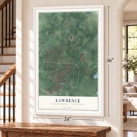 Lawrence, Mercer County, New Jersey map, 24 x 36 inch print in a white frame by a staircase