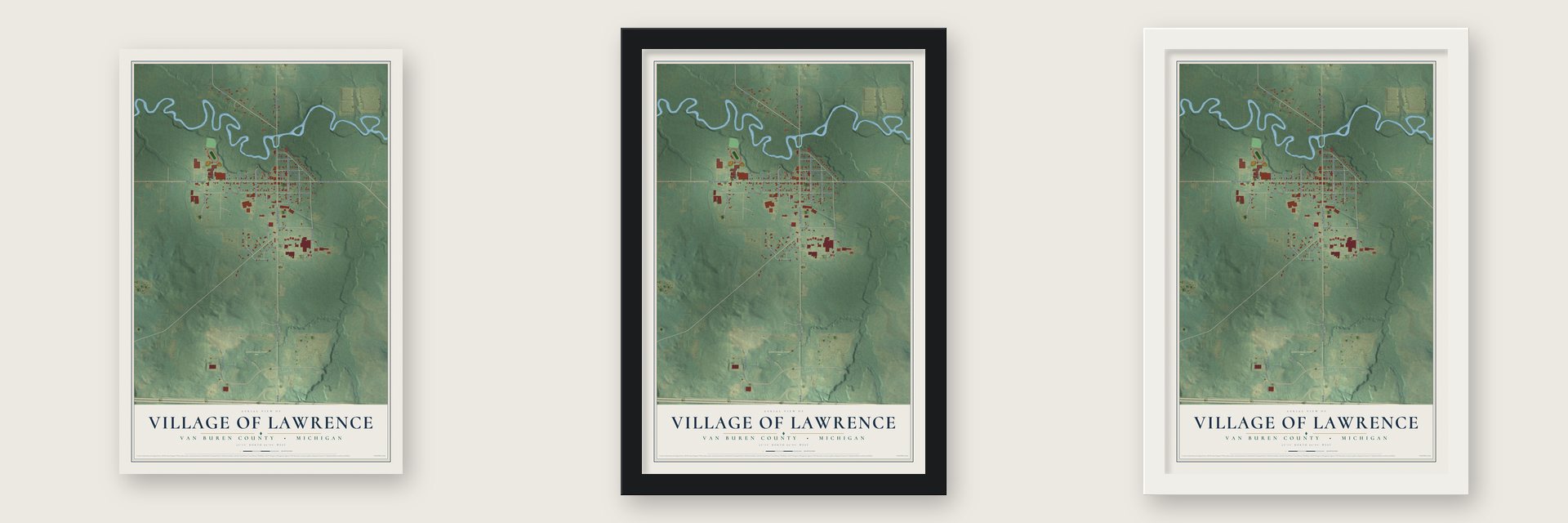 Lawrence, Michigan map unframed, in a black wood frame and in a white wood frame