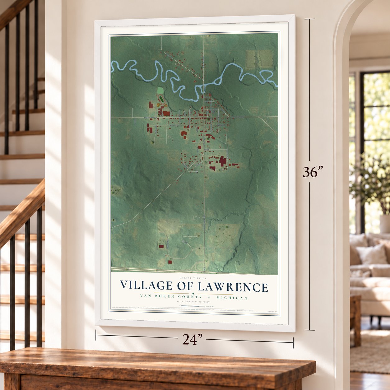 Lawrence, Michigan map, 24 x 36 inch print in a white frame by a staircase