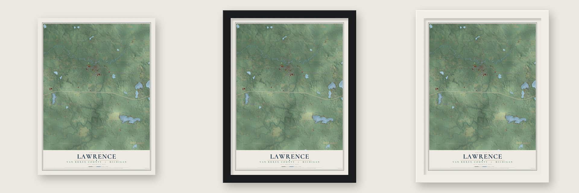 Lawrence, Van Buren County, Michigan map unframed, in a black wood frame and in a white wood frame