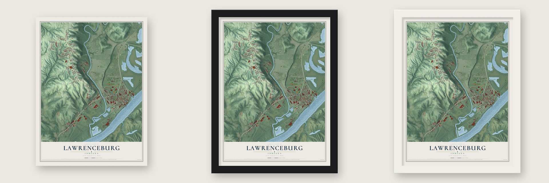 Lawrenceburg, Indiana map unframed, in a black wood frame and in a white wood frame