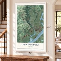 Lawrenceburg, Indiana map, 24 x 36 inch print in a white frame by a staircase