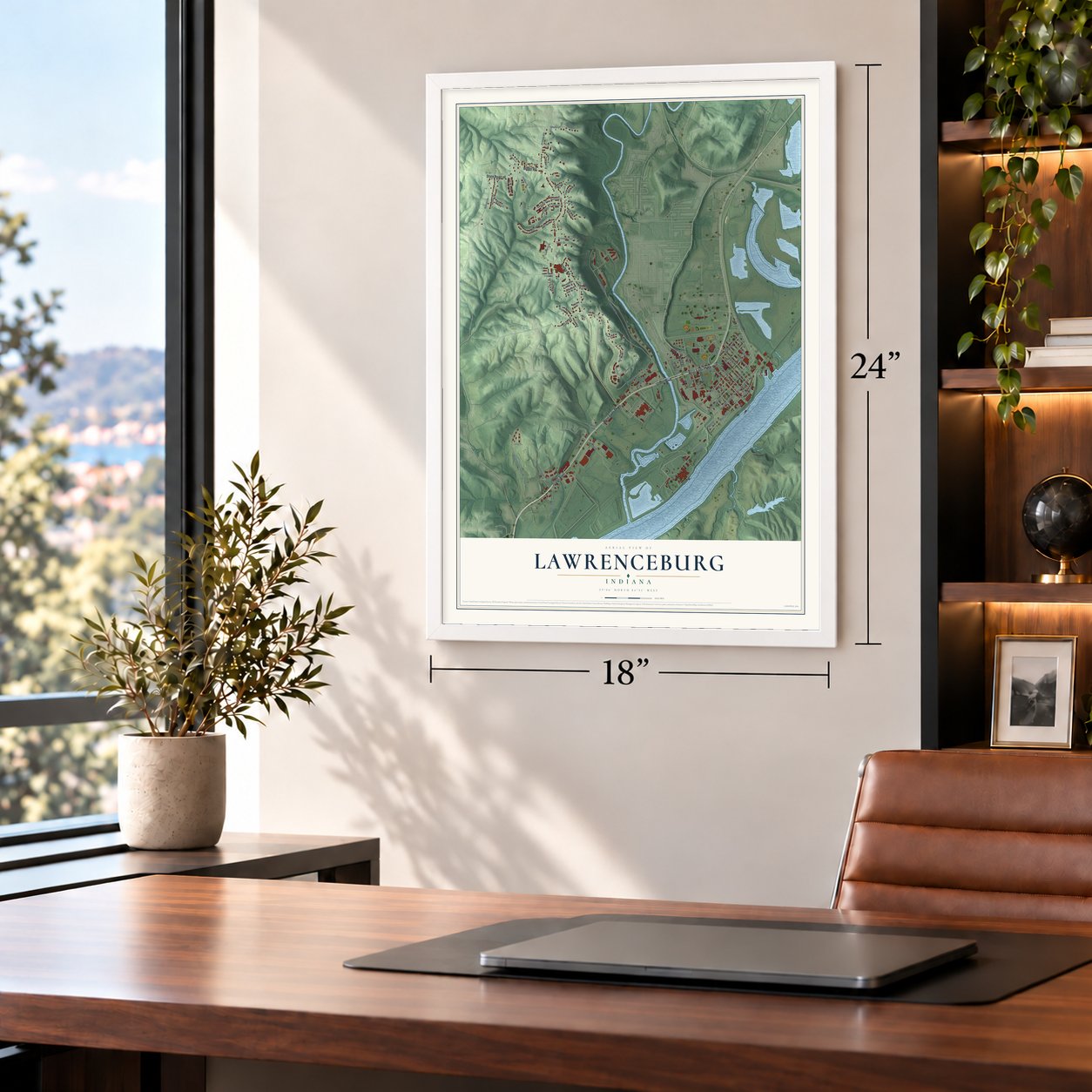 Lawrenceburg, Indiana map, 18 x 24 inch print in a white frame in a home office