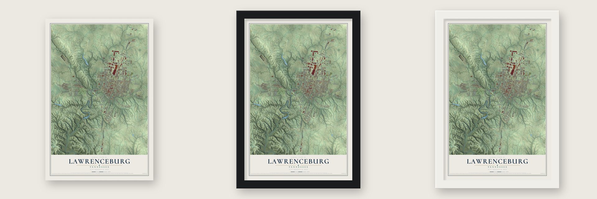 Lawrenceburg, Tennessee map unframed, in a black wood frame and in a white wood frame