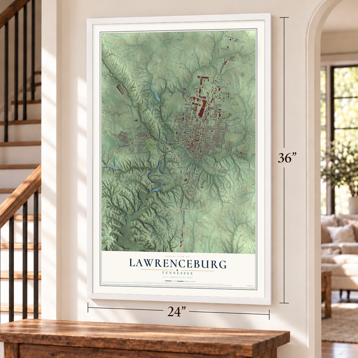 Lawrenceburg, Tennessee map, 24 x 36 inch print in a white frame by a staircase