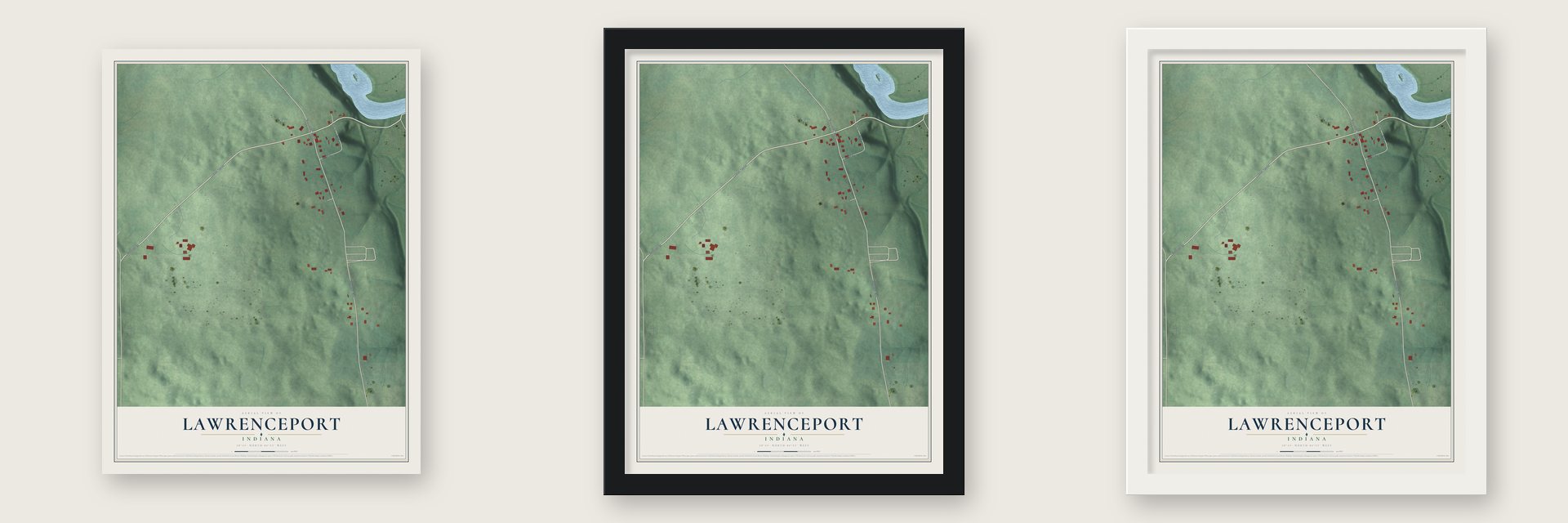 Lawrenceport, Indiana map unframed, in a black wood frame and in a white wood frame