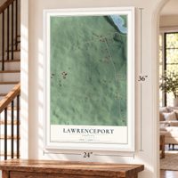 Lawrenceport, Indiana map, 24 x 36 inch print in a white frame by a staircase