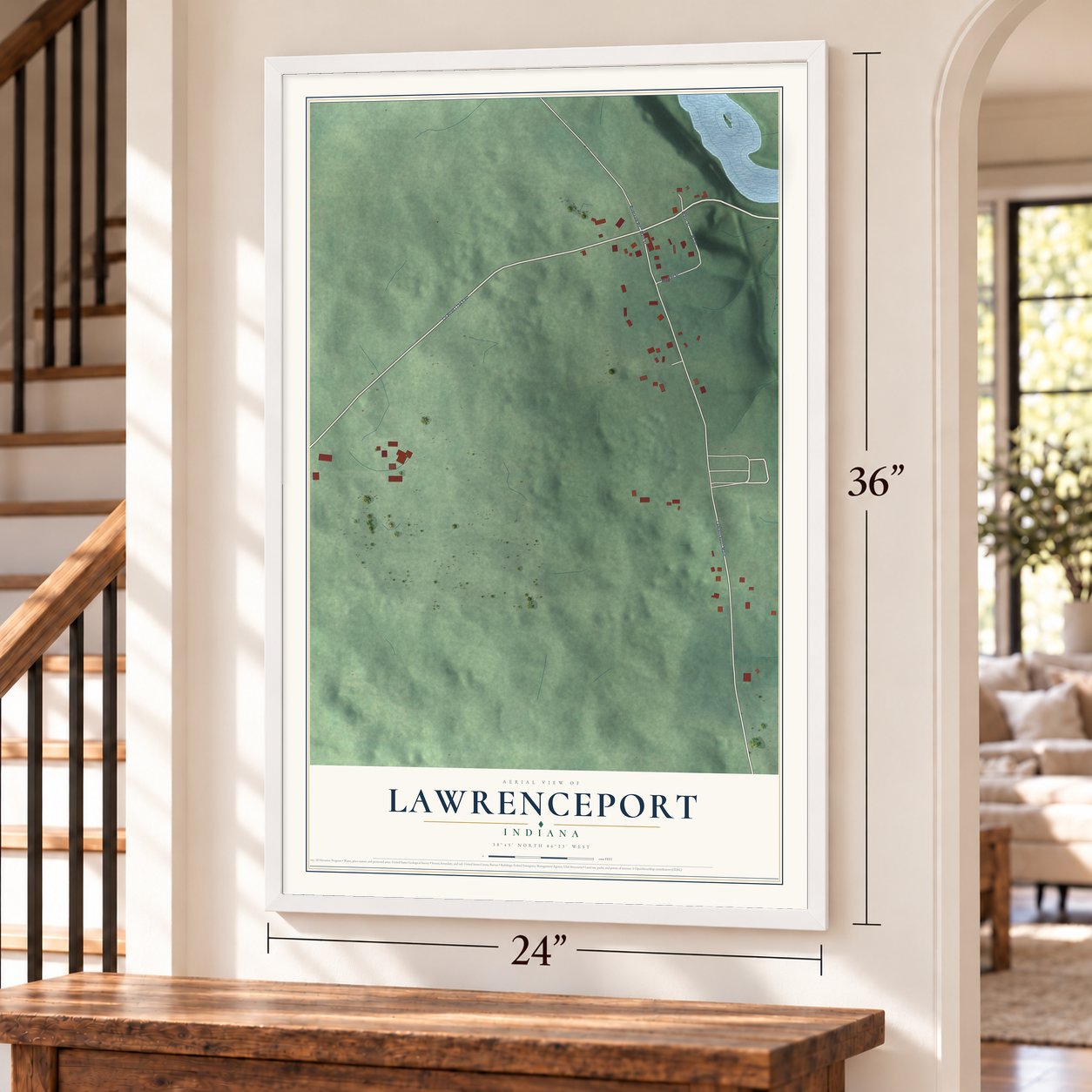 Lawrenceport, Indiana map, 24 x 36 inch print in a white frame by a staircase