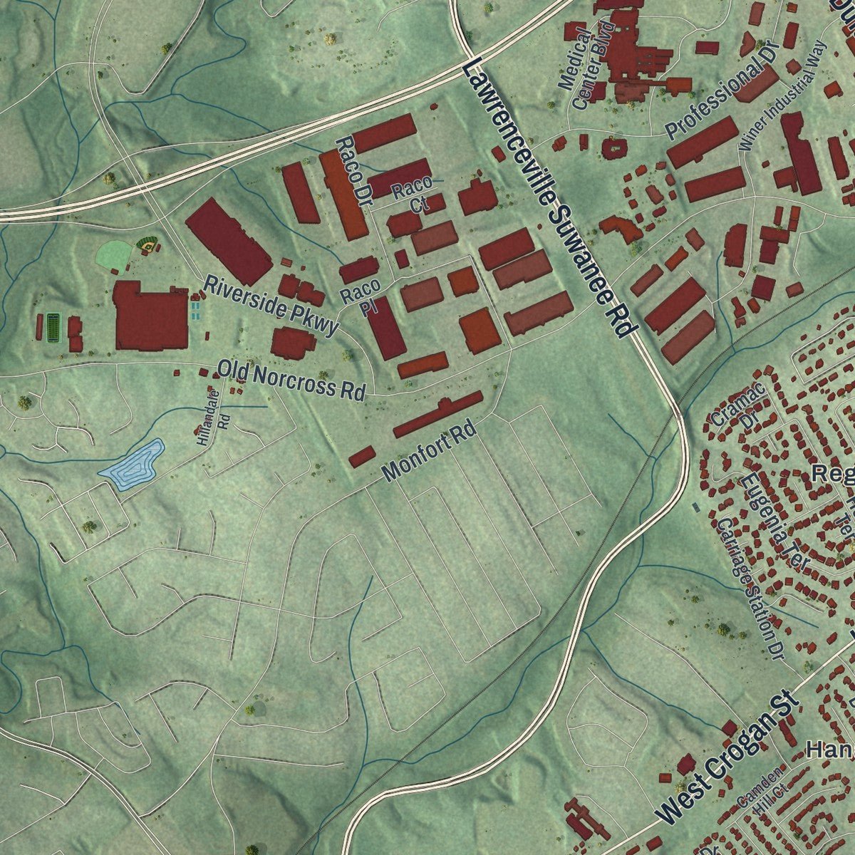 Second close-up of the map of Lawrenceville, Georgia print showing more streets and buildings