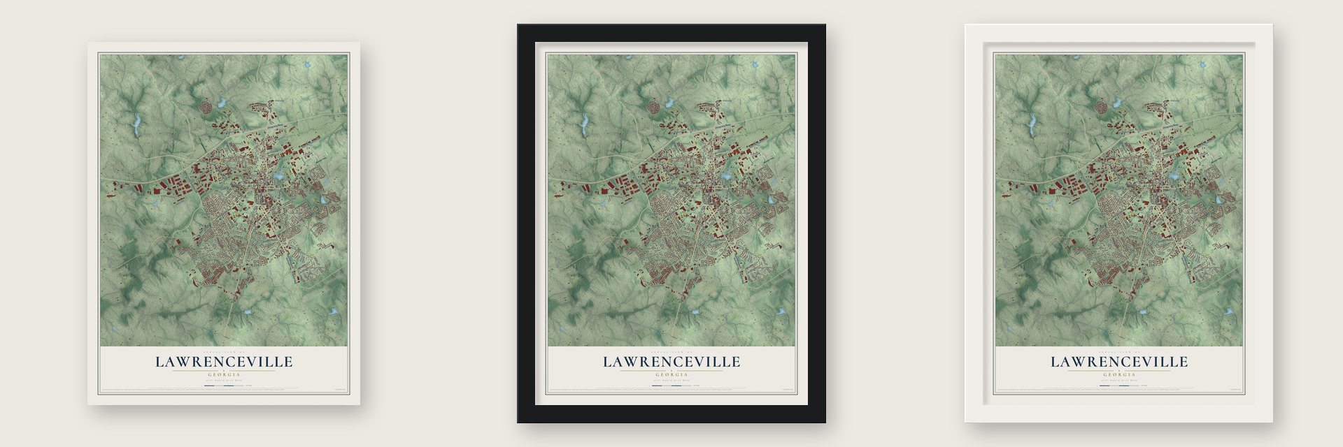 Lawrenceville, Georgia map unframed, in a black wood frame and in a white wood frame