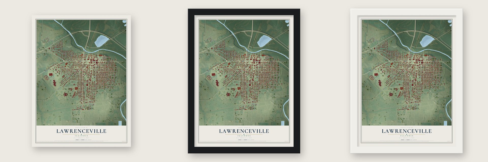 Lawrenceville, Illinois map unframed, in a black wood frame and in a white wood frame