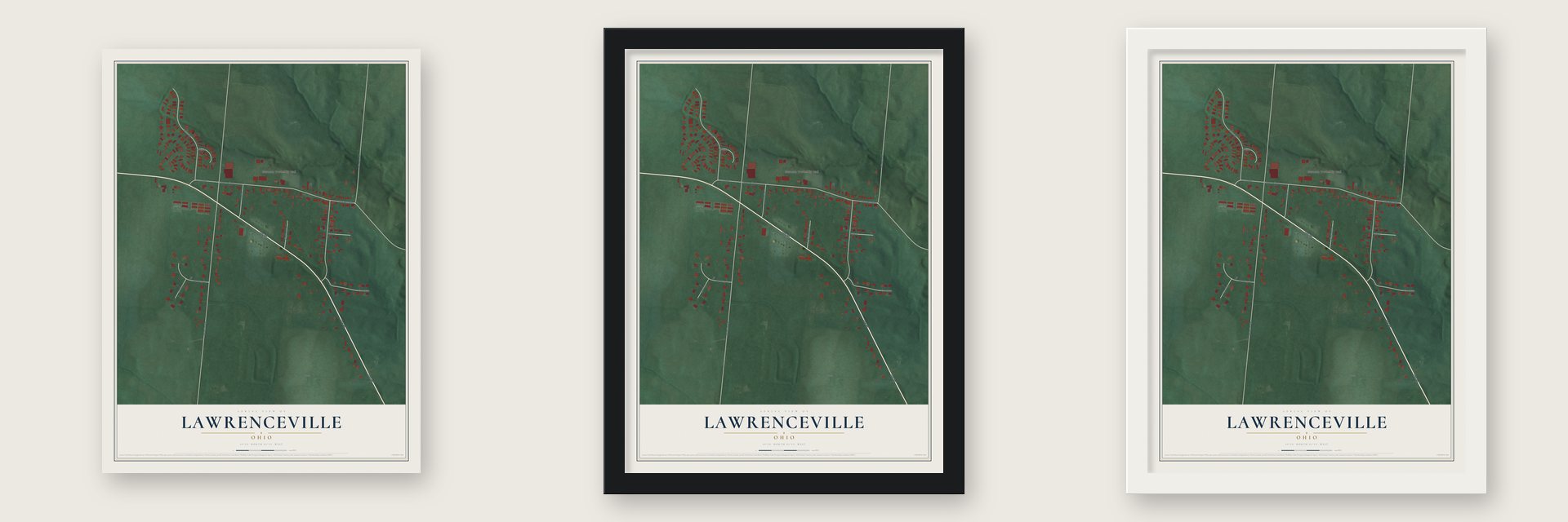 Lawrenceville, Ohio map unframed, in a black wood frame and in a white wood frame