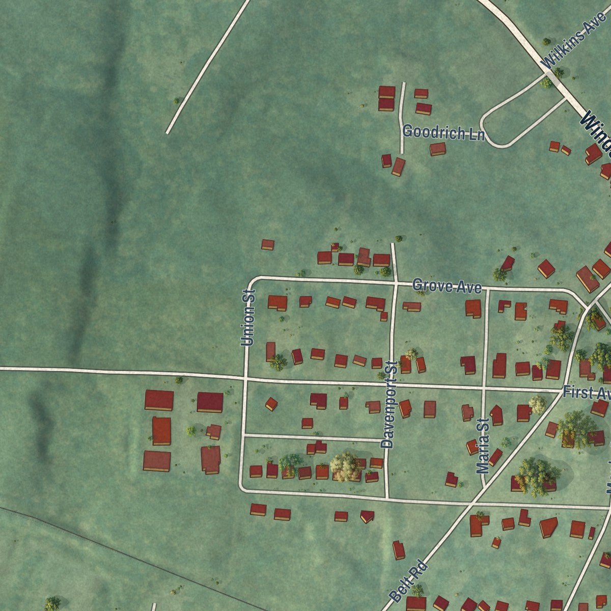 Second close-up of the map of Lawrenceville, Virginia print showing more streets and buildings