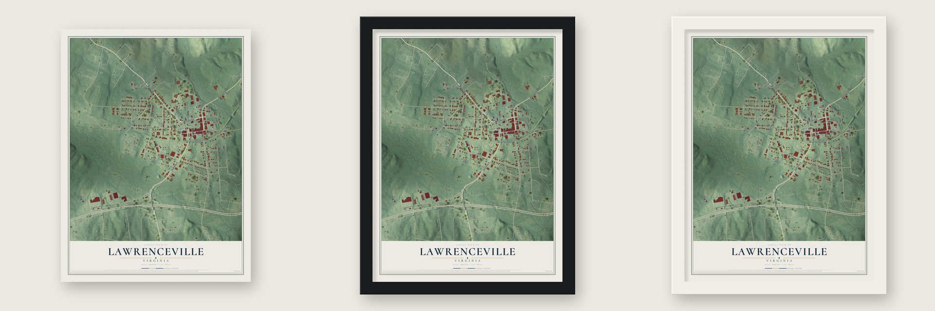 Lawrenceville, Virginia map unframed, in a black wood frame and in a white wood frame