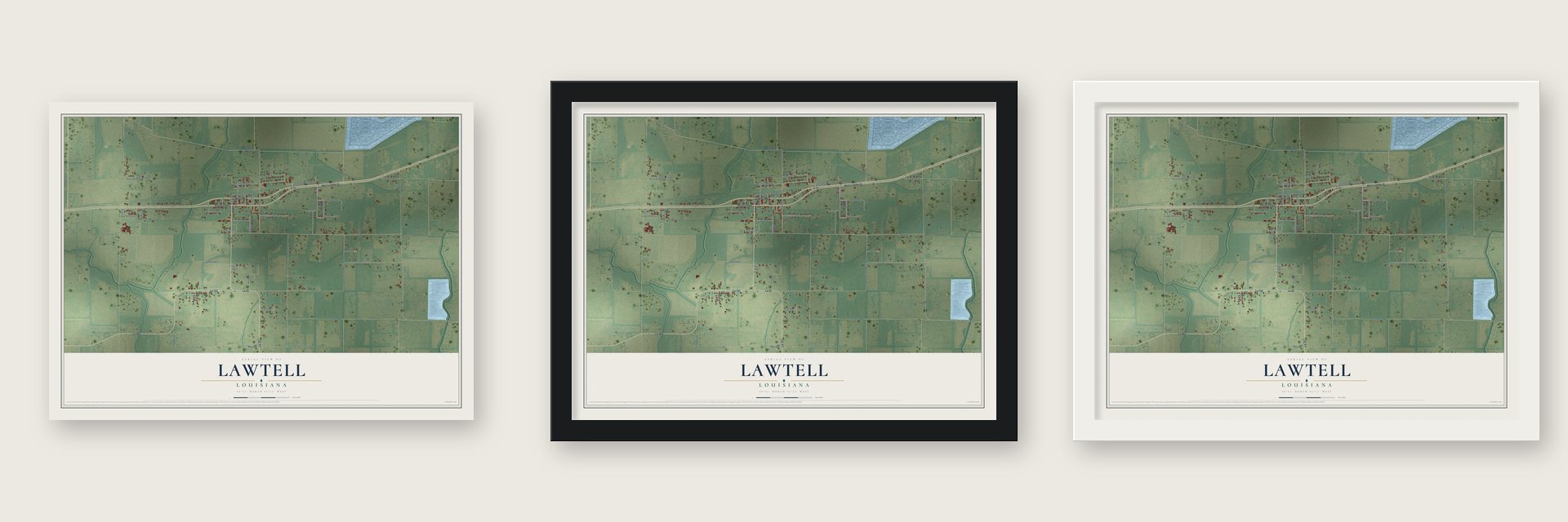 Lawtell, Louisiana map unframed, in a black wood frame and in a white wood frame