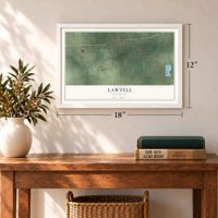 Lawtell, Louisiana map, 12 x 18 inch print in a white frame in an entryway