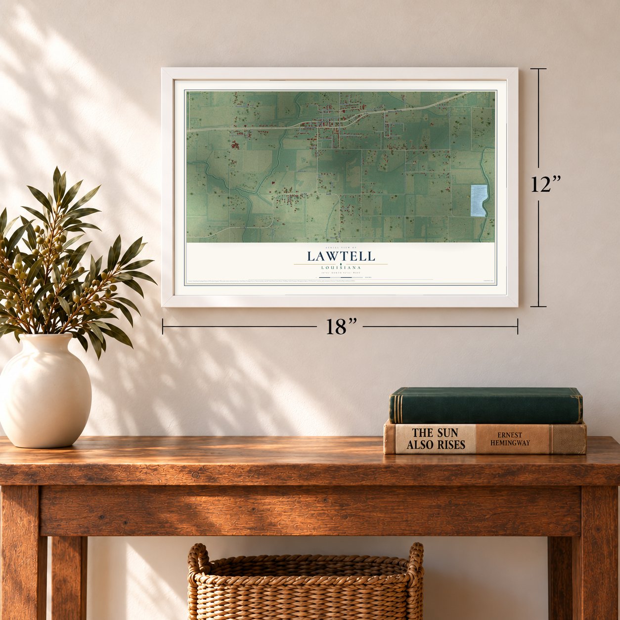Lawtell, Louisiana map, 12 x 18 inch print in a white frame in an entryway