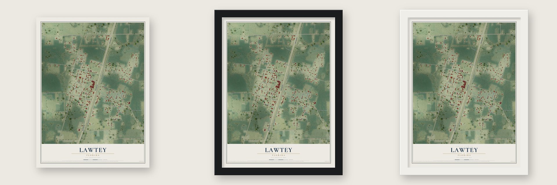 Lawtey, Florida map unframed, in a black wood frame and in a white wood frame